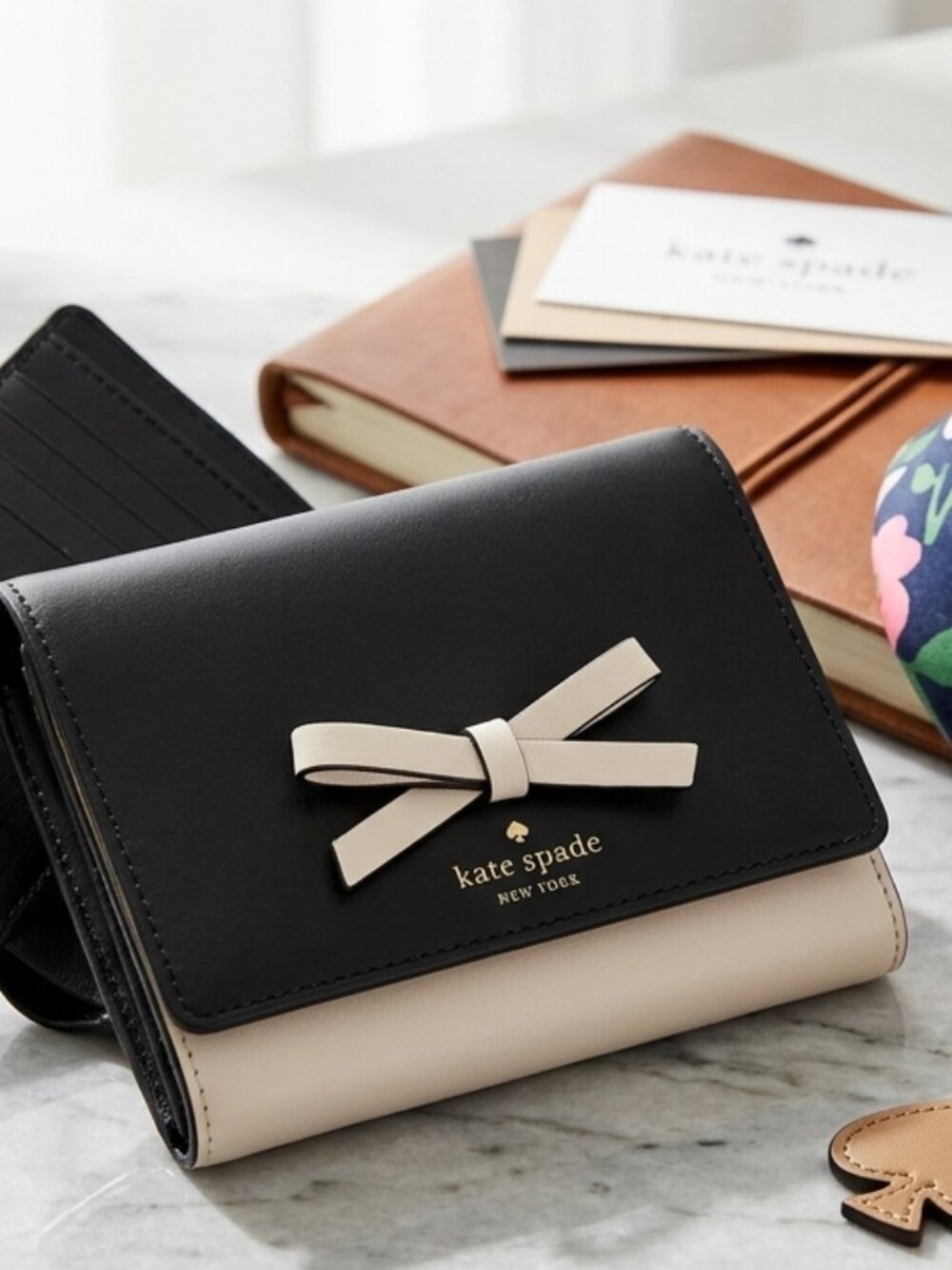 Kate Spade Black Cream Leather Bow Trifold Wallet Compact ID Window